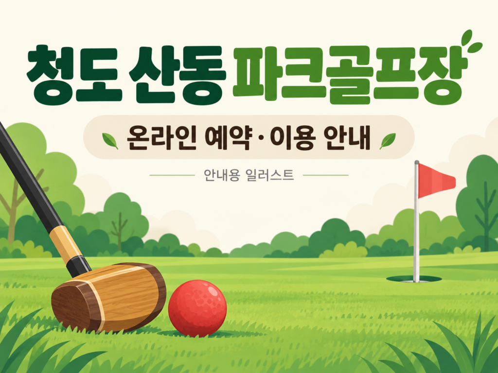청도 산동 파크골프장 예약·이용 안내 일러스트, 실제 구장 사진이 아닙니다