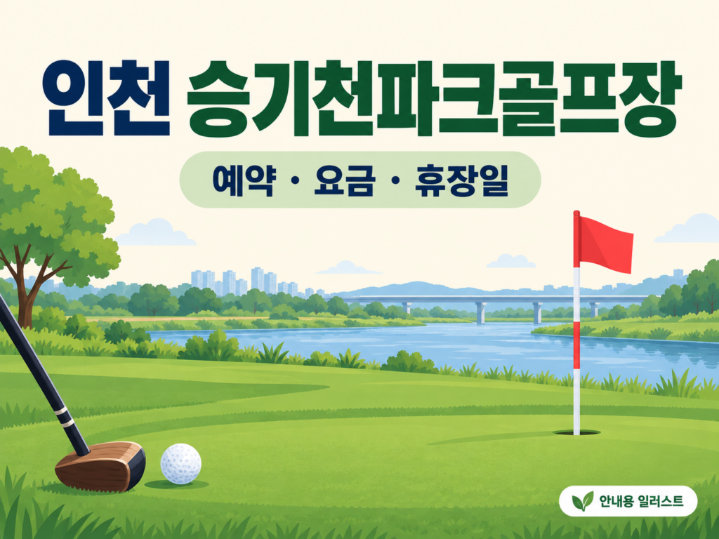 인천 승기천파크골프장 예약·이용 안내 일러스트, 실제 구장 사진이 아닙니다
