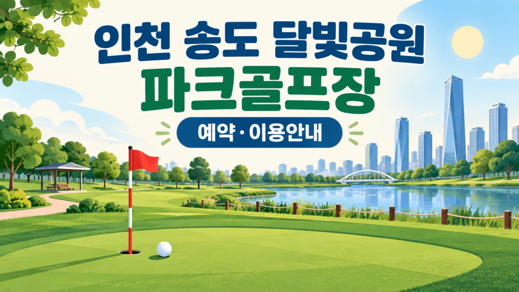 인천 송도 달빛공원 파크골프장 예약·이용 안내 일러스트, 실제 구장 사진이 아닙니다