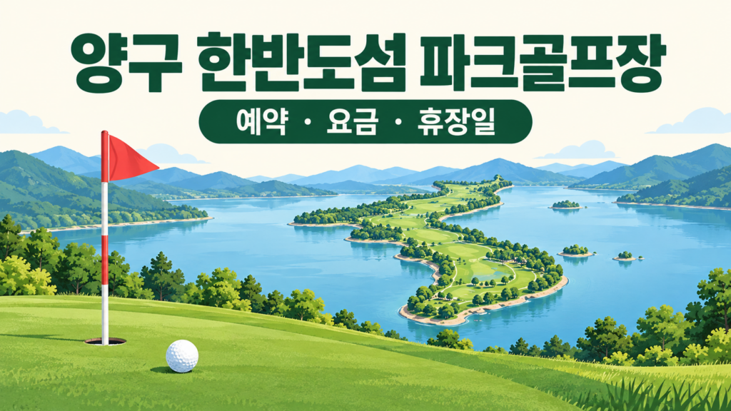 양구 한반도섬 파크골프장 예약·요금·휴장일 안내용 일러스트, 실제 구장 사진이 아닙니다