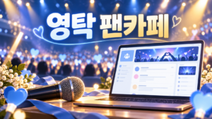 영탁 팬카페 안내를 표현한 마이크와 팬 커뮤니티 노트북 일러스트
